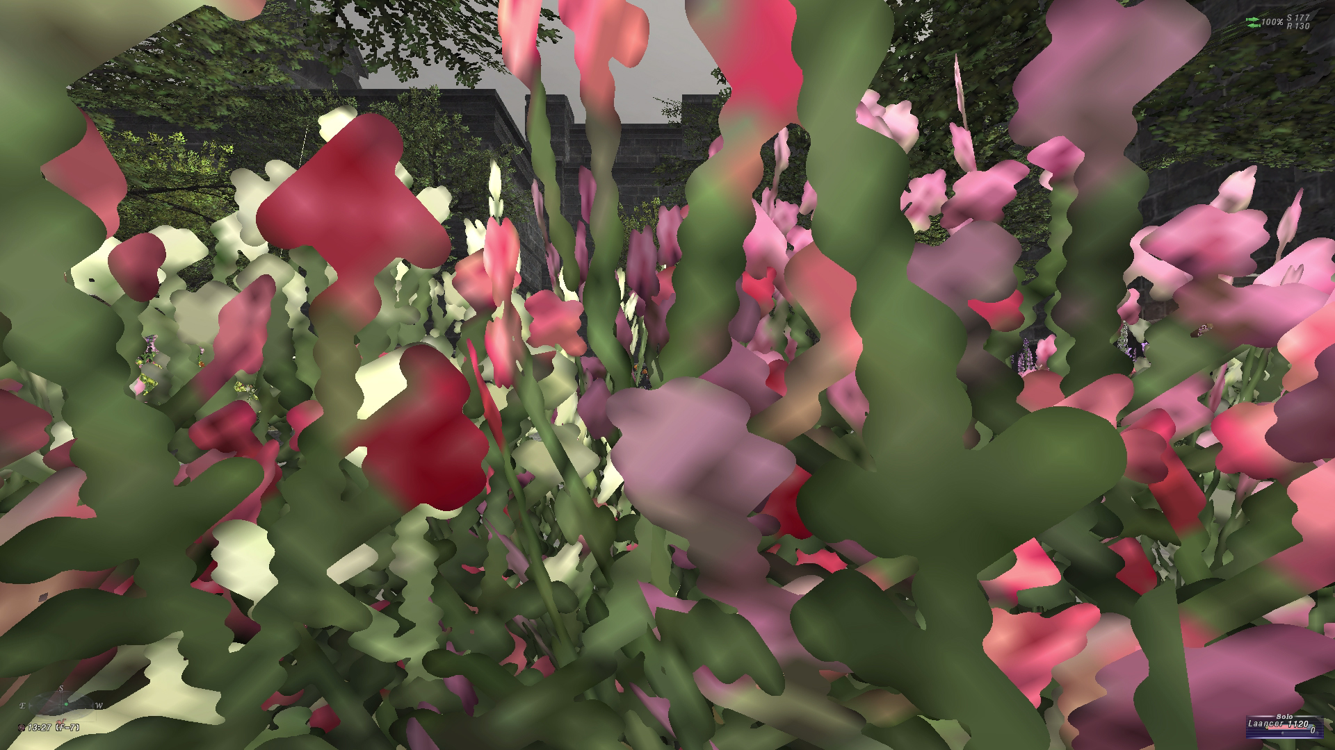 closeup of pixelated garden flowers in videogame.