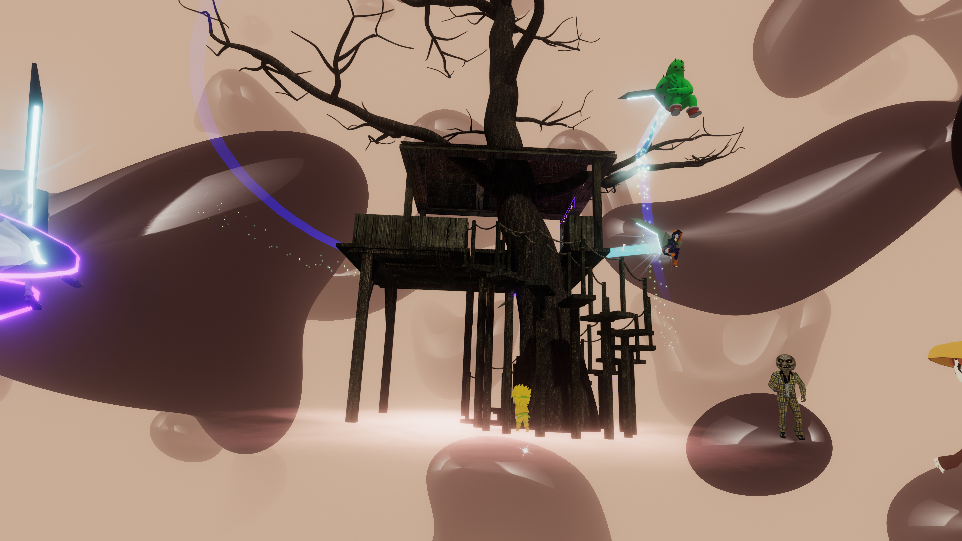 brown blobs in the background. A treehouse punctured by a tree is centered. Different virtual avatars fly around the frame.