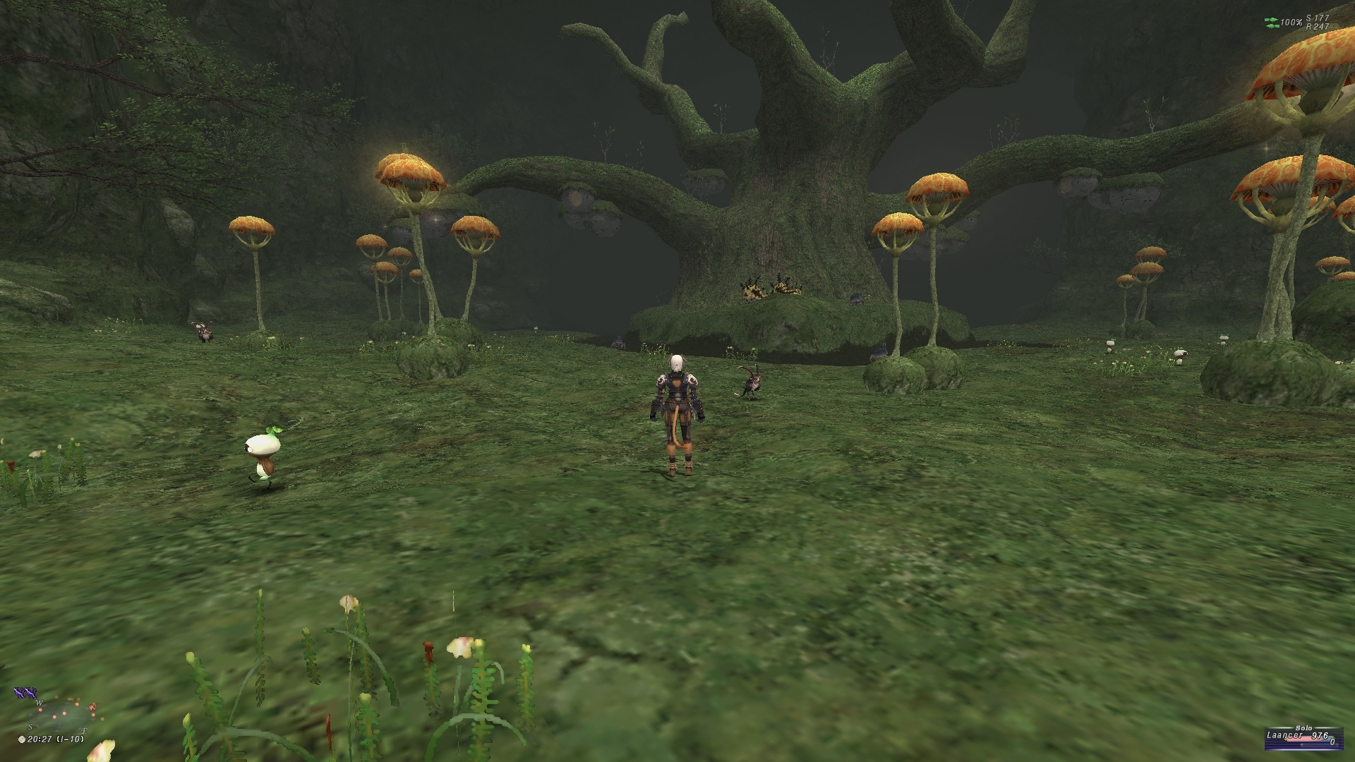 videogame avatar stands with back to camera in front of large trees and mushrooms.
