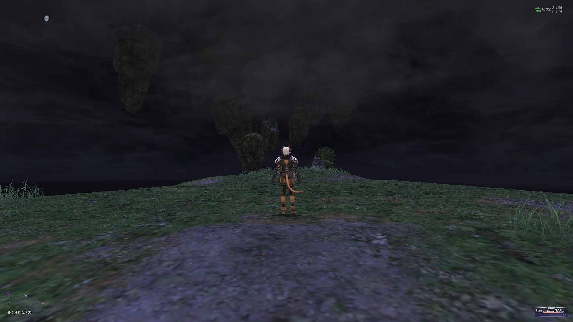 videogame avatar stands with back to camera. Large blocks of earth float above the ground and are obscured by fog.