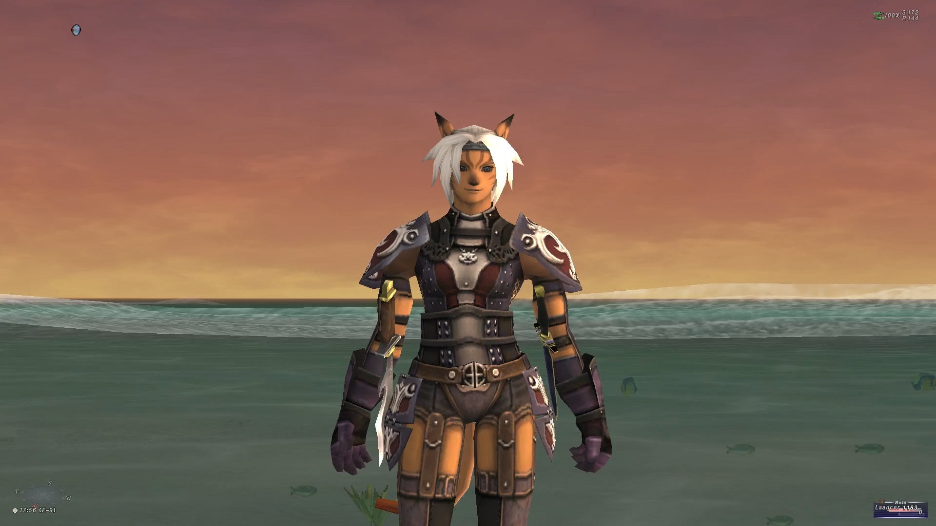 front-view of videogame character. the feminine avatar wears a mixture of leather armor with metal accents, and has white hair. The character stands on the shore of a beach with a sunrise in the background.