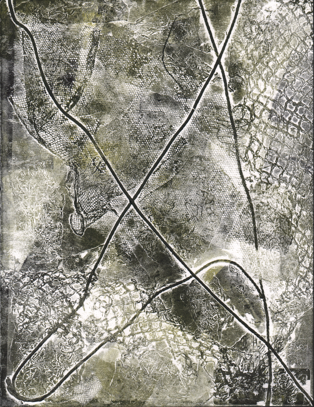 scanned and digitally manipulated image of threads, textiles, and mesh.