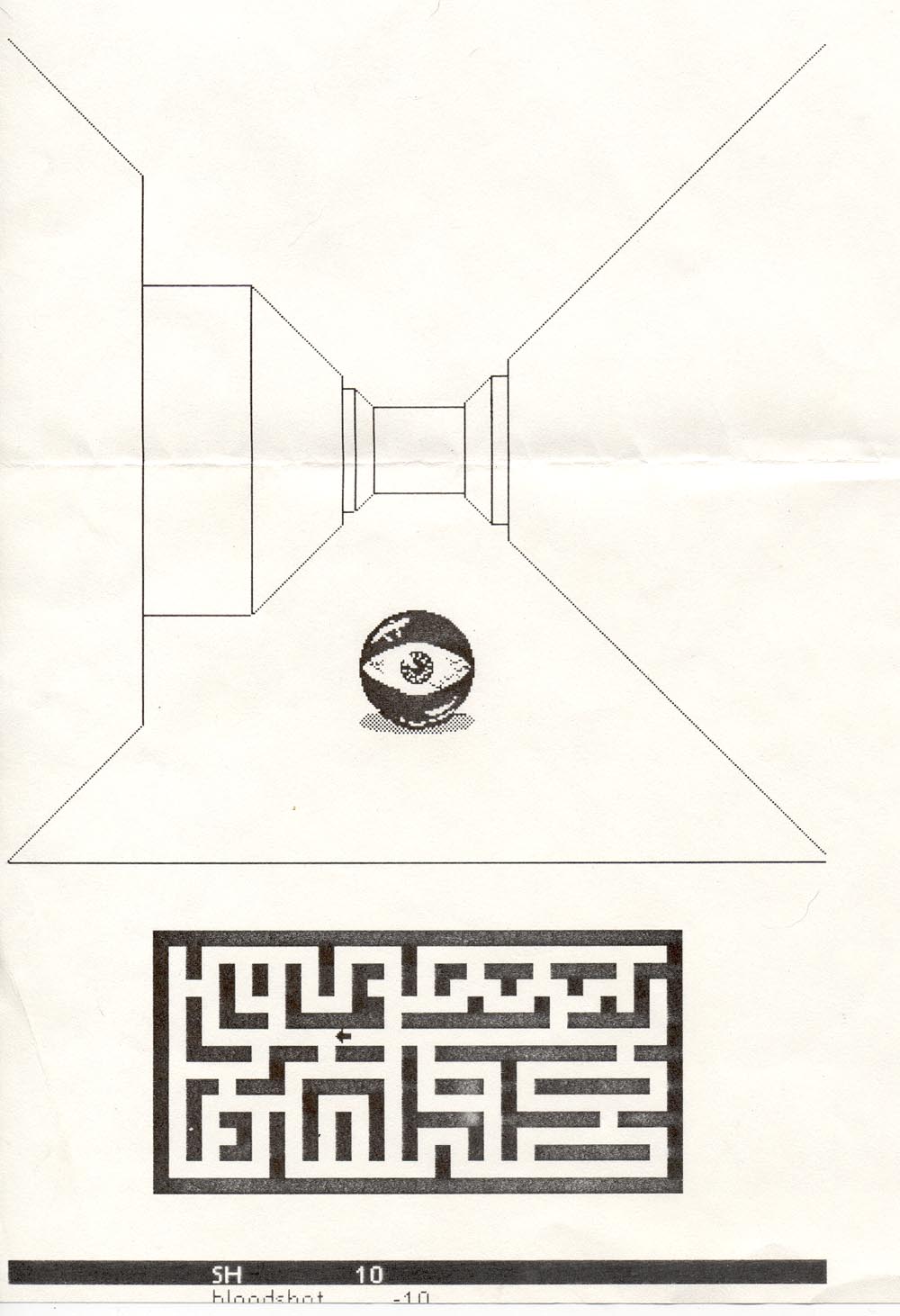 a large demonic eyeball sits in a hallway rendered with one-point perspective. The bottom half of the page has a black and white plan-view of a maze with a small arrow in a hallway indicating the position of the player.