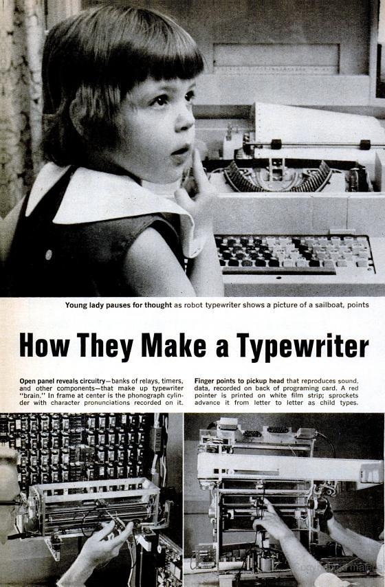 Young girl sits at typewriter but looks to side of frame. Text reads: 'How They Make a Typewriter.' Bottom half of poster shows two stills of hands manipulating typewriter parts.