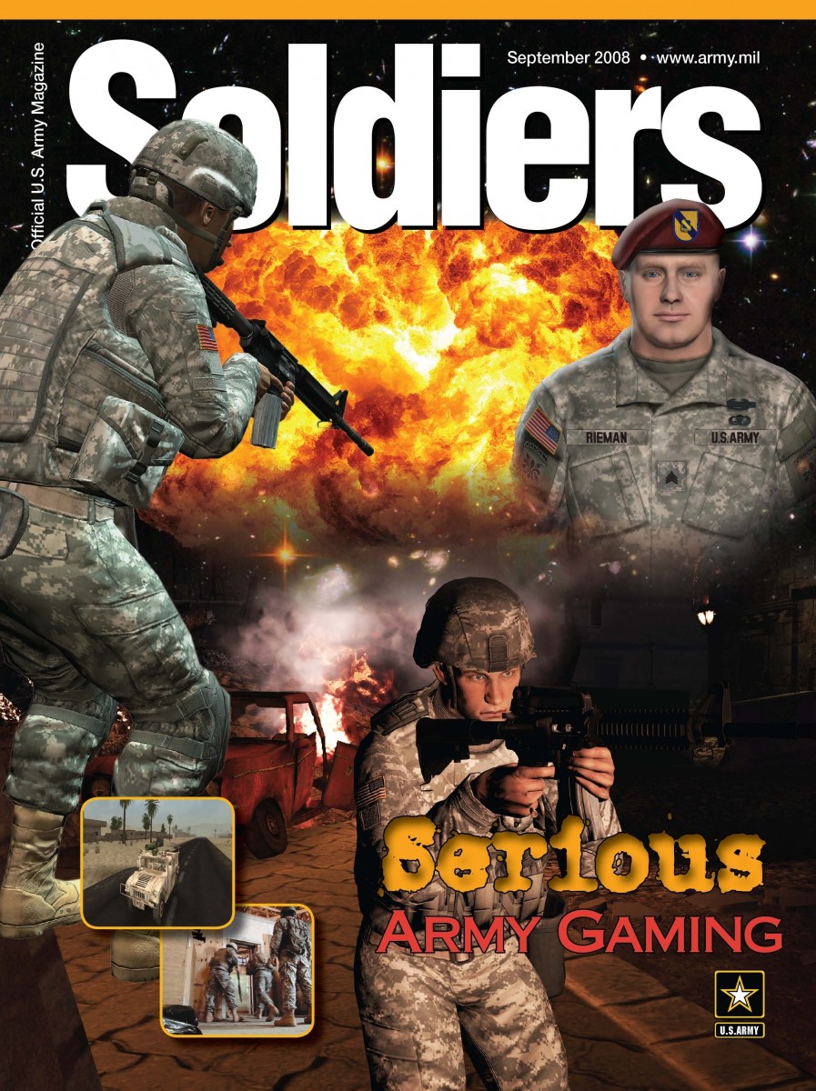 Three videogame figures on cover of videogame. One stands back to camera holding automatic machine gun, one stands forward towards camera with machine gun, and one stands toward camera without a gun. Text reads: 'Soldiers, Serious Army Gaming.'