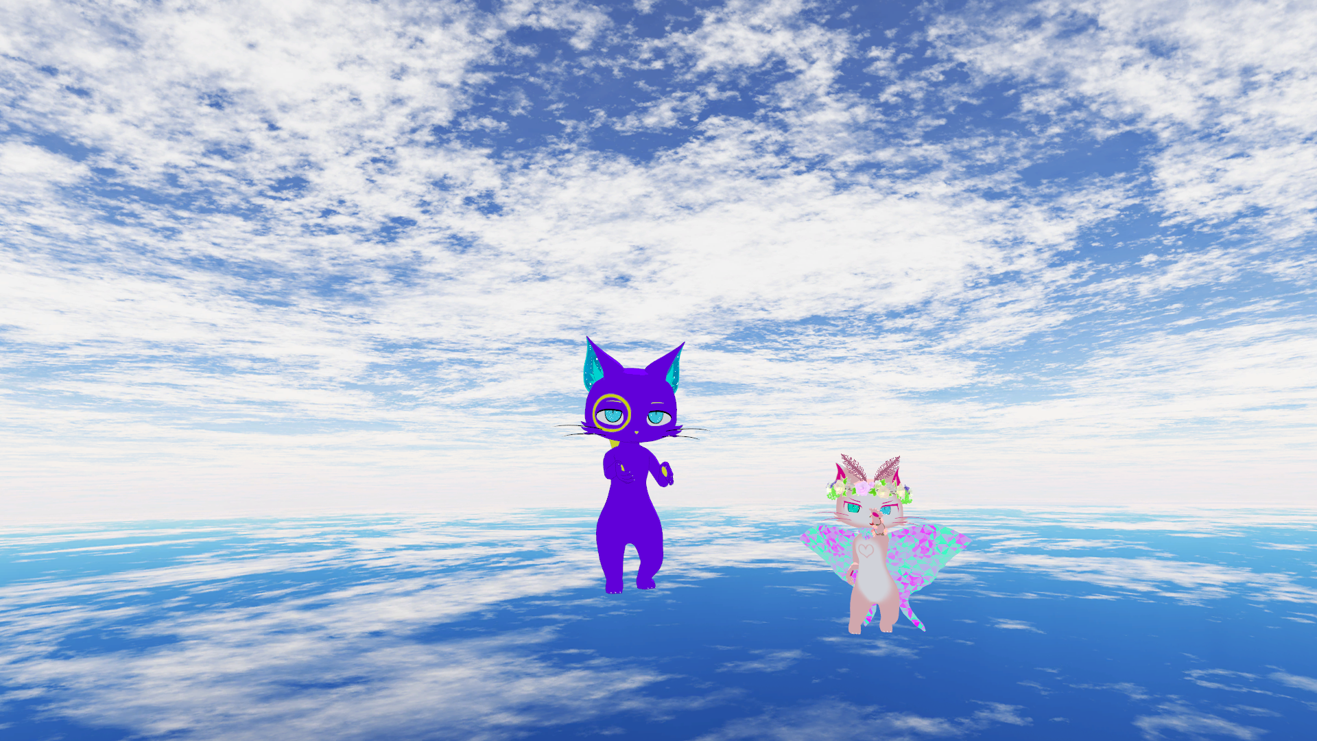 Two cats, one pink with wings and one purple with blue eyes float above ground with the sky above.