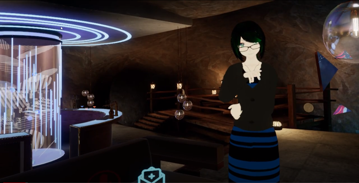 a digital avatar wearing a blue-and-black-striped dress stares into the camera