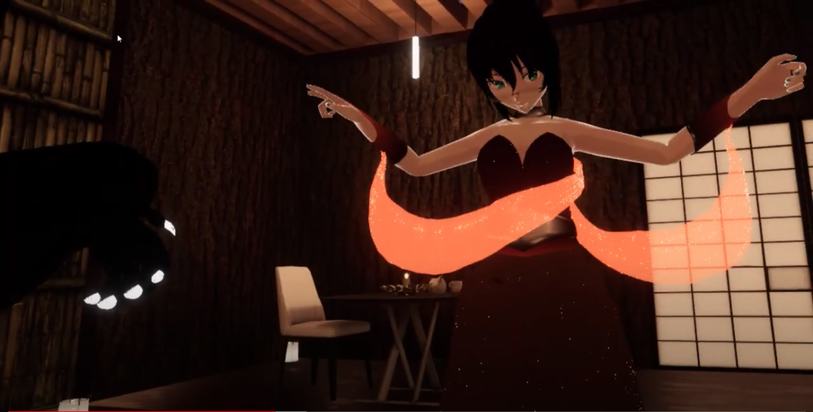 a digital avatar wearing a dark-red dress with orange arm tassels faces the camera with her arms raised.