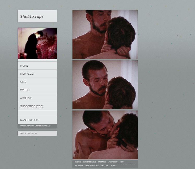 Two men, one slightly taller kiss each other over the course of three frames.